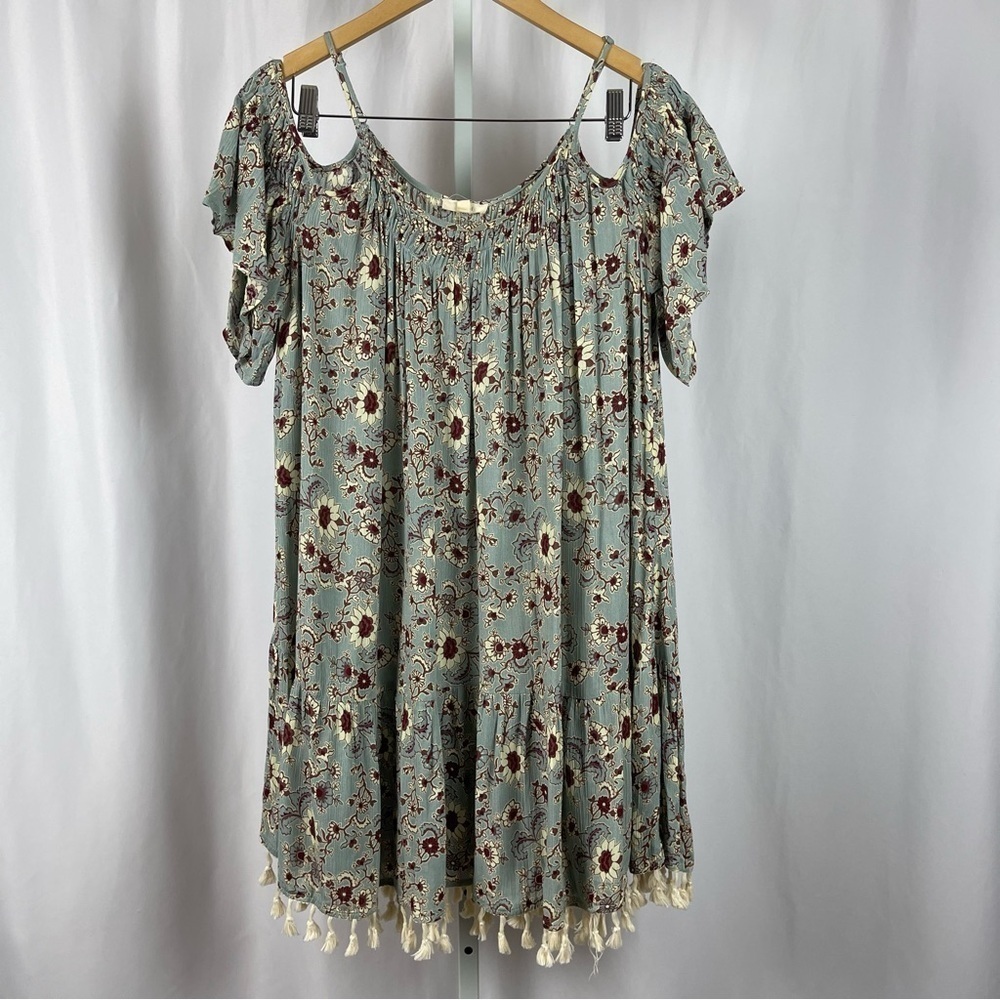 Easel Medium Boho Sunflower Floral Cold Shoulder Tassel Pleat Flowy Dress Loose